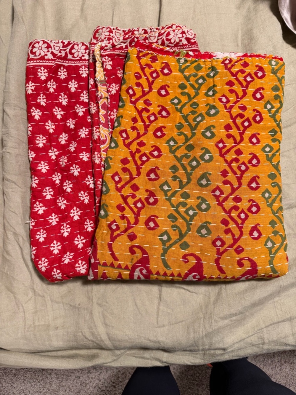 Handcrafted Reversible Kantha Quilt - Red & Mustard Floral